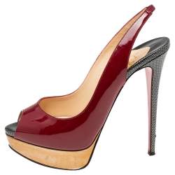 Pre Owned Christian Louboutin Burgundy Patent Leather Lady Peep-Toe Slingback Pumps Size 39.5