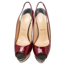 Pre Owned Christian Louboutin Burgundy Patent Leather Lady Peep-Toe Slingback Pumps Size 39.5