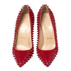 Pre Owned Christian Louboutin Red Patent Leather Pigalle Spikes Pointed-Toe Pumps Size 37.5