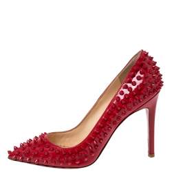 Pre Owned Christian Louboutin Red Patent Leather Pigalle Spikes Pointed-Toe Pumps Size 37.5