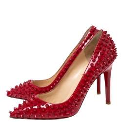 Pre Owned Christian Louboutin Red Patent Leather Pigalle Spikes Pointed-Toe Pumps Size 37.5