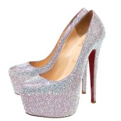 Christian Louboutin Pink/Silver Crystal Embellished Suede Daffodile Platform Pumps Size 37