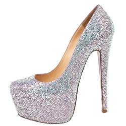 Christian Louboutin Pink/Silver Crystal Embellished Suede Daffodile Platform Pumps Size 37