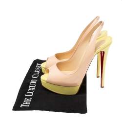 Pre Owned Christian Louboutin Beige/Green Patent Leather Lady Peep-Toe Slingback Pumps Size 37