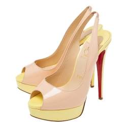 Pre Owned Christian Louboutin Beige/Green Patent Leather Lady Peep-Toe Slingback Pumps Size 37