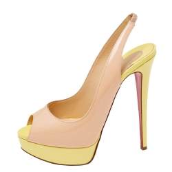 Pre Owned Christian Louboutin Beige/Green Patent Leather Lady Peep-Toe Slingback Pumps Size 37