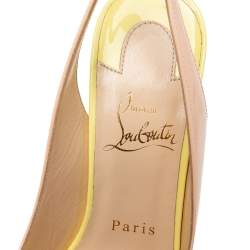 Pre Owned Christian Louboutin Beige/Green Patent Leather Lady Peep-Toe Slingback Pumps Size 37