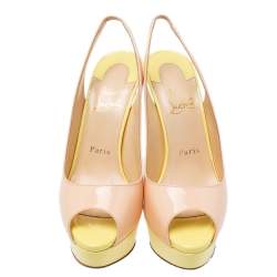 Pre Owned Christian Louboutin Beige/Green Patent Leather Lady Peep-Toe Slingback Pumps Size 37