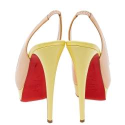 Pre Owned Christian Louboutin Beige/Green Patent Leather Lady Peep-Toe Slingback Pumps Size 37