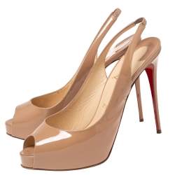 Pre Owned Christian Louboutin Beige Patent Leather Private Number Slingback Sandals Size 39.5