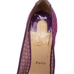 مملوكة مسبقًا حذاء كعب عالي كريستيان لوبوتان فوليس ريسيل جلد لامع وشبك ماغينتا مقاس 38.5