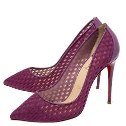 مملوكة مسبقًا حذاء كعب عالي كريستيان لوبوتان فوليس ريسيل جلد لامع وشبك ماغينتا مقاس 38.5