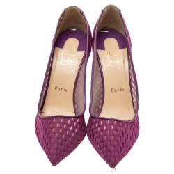 مملوكة مسبقًا حذاء كعب عالي كريستيان لوبوتان فوليس ريسيل جلد لامع وشبك ماغينتا مقاس 38.5