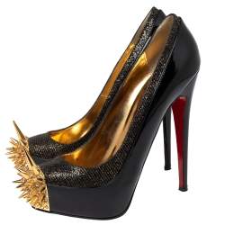 Christian Louboutin Black/Gold Patent Leather and Lurex Fabric Asteroid Spike Pumps Size 39.5