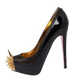 Christian Louboutin Black/Gold Patent Leather and Lurex Fabric Asteroid Spike Pumps Size 39.5