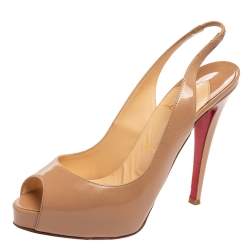 مملوكة مسبقًا حذاء كع ب عالي كريستيان لوبوتان نو بريف جلد بيج لامع بحزام للكاحل مقاس 38.5