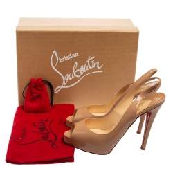 مملوكة مسبقًا حذاء كعب عالي كريستيان لوبوتان نو بريف جلد بيج لامع بحزام للكاحل مقاس 38.5