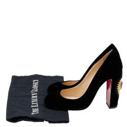 Pre Owned Christian Louboutin Black Velvet Cadrilla Corazon Block Heel Pumps Size 38