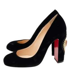 Pre Owned Christian Louboutin Black Velvet Cadrilla Corazon Block Heel Pumps Size 38