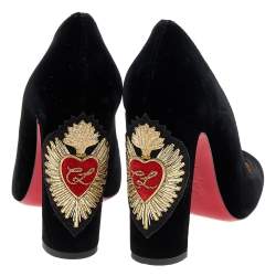 Pre Owned Christian Louboutin Black Velvet Cadrilla Corazon Block Heel Pumps Size 38