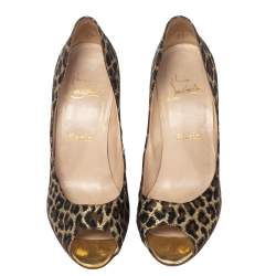 Christian Louboutin Tri-Color Leopard Print Metallic Fabric Yoyospina Giaguaro Peep-Toe Pumps Size 39