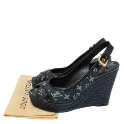 Pre Owned Louis Vuitton Navy Blue/Black Monogram Denim and Patent Leather Slingback Espadrille Wedge Sandals Size 39