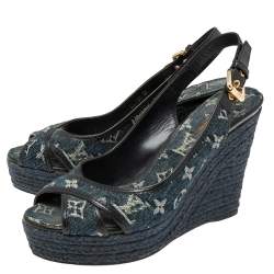 Pre Owned Louis Vuitton Navy Blue/Black Monogram Denim and Patent Leather Slingback Espadrille Wedge Sandals Size 39