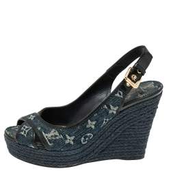 Pre Owned Louis Vuitton Navy Blue/Black Monogram Denim and Patent Leather Slingback Espadrille Wedge Sandals Size 39