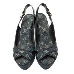Pre Owned Louis Vuitton Navy Blue/Black Monogram Denim and Patent Leather Slingback Espadrille Wedge Sandals Size 39