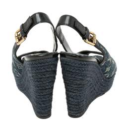 Pre Owned Louis Vuitton Navy Blue/Black Monogram Denim and Patent Leather Slingback Espadrille Wedge Sandals Size 39
