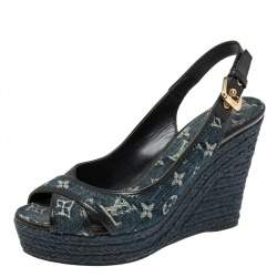 Pre Owned Louis Vuitton Navy Blue/Black Monogram Denim and Patent Leather Slingback Espadrille Wedge Sandals Size 39