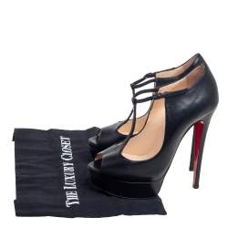 Pre Owned Christian Louboutin Black Leather Jilopa T Strap Platform Pumps Size 36.5