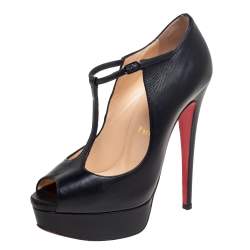 Pre Owned Christian Louboutin Black Leather Jilopa T Strap Platform Pumps Size 36.5