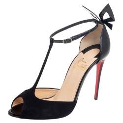 مملوكة مسبقًا صندل كريستيان لوبوتان إيرباك جلد وسويدي أسود سير حرف تي مزين بفيونكة مقاس 37