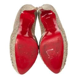 Pre Owned Christian Louboutin Gold Glitter and Fabric Lady Gres Peep Toe Pumps Size 41