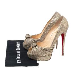 Pre Owned Christian Louboutin Gold Glitter and Fabric Lady Gres Peep Toe Pumps Size 41