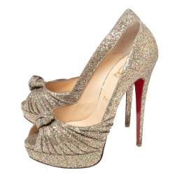 Pre Owned Christian Louboutin Gold Glitter and Fabric Lady Gres Peep Toe Pumps Size 41