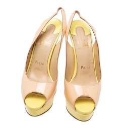 Pre Owned Christian Louboutin Beige/Yellow  Patent Leather Lady Peep  Slingback Platform Pumps Size 36