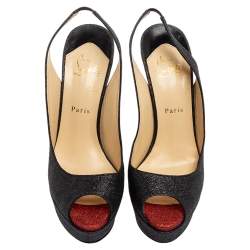 Pre Owned Christian Louboutin Black Glitter Lady Peep Toe Platform Slingback Sandals Size 41