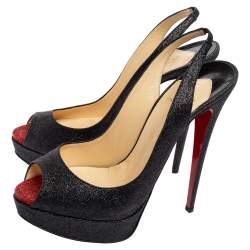 Pre Owned Christian Louboutin Black Glitter Lady Peep Toe Platform Slingback Sandals Size 41