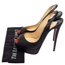 Pre Owned Christian Louboutin Black Glitter Lady Peep Toe Platform Slingback Sandals Size 41