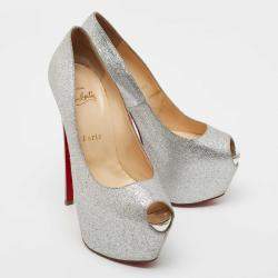 مملوكة مسبقًا حذاء كعب عالي كريستيان لوبوتان دافوديل غليتر فضي نعل سميك مقاس 38