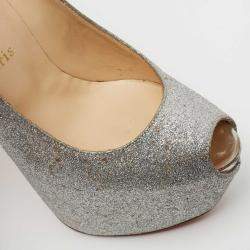 مملوكة مسبقًا حذاء كعب عالي كريستيان لوبوتان دافوديل غليتر فضي نعل سميك مقاس 38