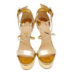 Christian Louboutin Metallic Gold Leather Choca Platform Ankle Strap Sandals Size 36.5
