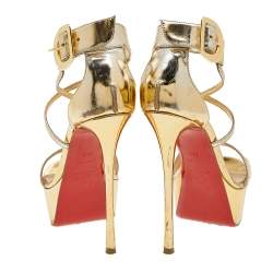 Christian Louboutin Metallic Gold Leather Choca Platform Ankle Strap Sandals Size 36.5