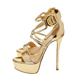 Christian Louboutin Metallic Gold Leather Choca Platform Ankle Strap Sandals Size 36.5