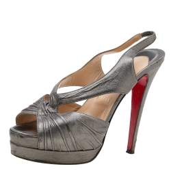 Christian Louboutin Metallic Grey Leather Platform Slingback Sandals Size 36.5