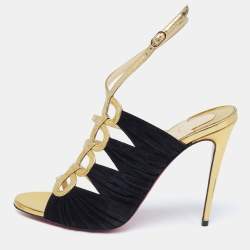 Christian Louboutin Black/Gold Suede and Leather Tina Cage Ankle-Strap Sandals Size 38.5