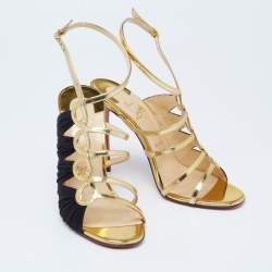 Christian Louboutin Black/Gold Suede and Leather Tina Cage Ankle-Strap Sandals Size 38.5