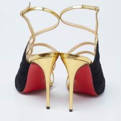 Christian Louboutin Black/Gold Suede and Leather Tina Cage Ankle-Strap Sandals Size 38.5